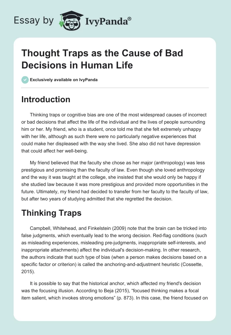 Thought Traps as the Cause of Bad Decisions in Human Life. Page 1