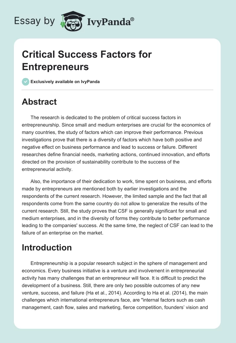 Critical Success Factors for Entrepreneurs. Page 1