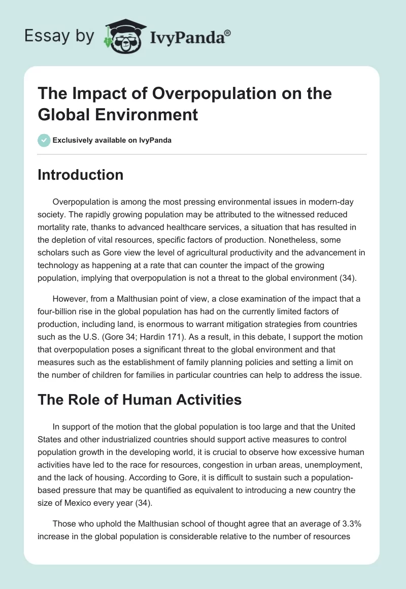 The Impact of Overpopulation on the Global Environment. Page 1