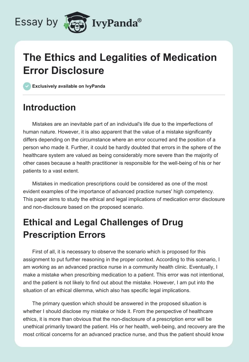 The Ethics and Legalities of Medication Error Disclosure. Page 1