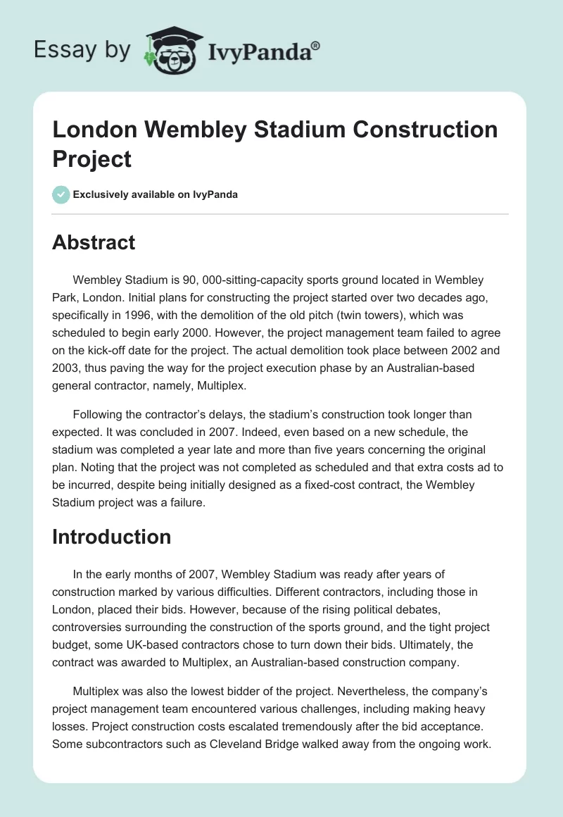 London Wembley Stadium Construction Project. Page 1
