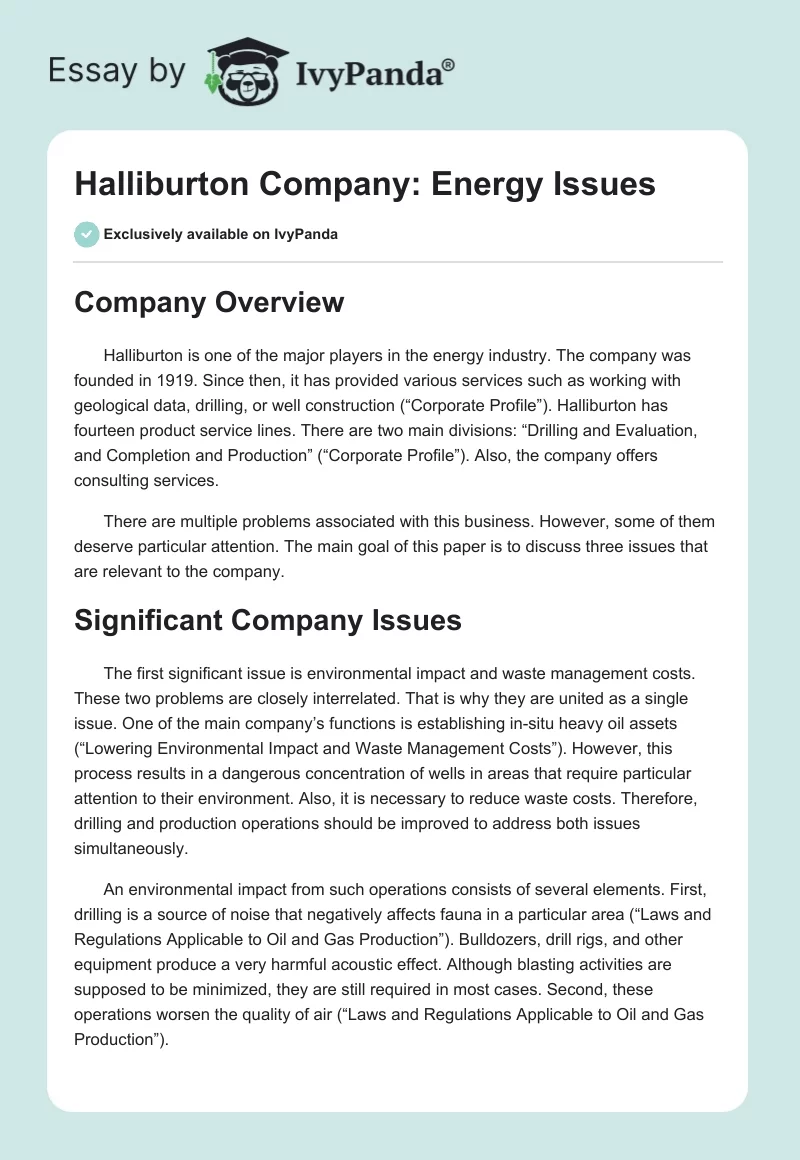 Halliburton Company: Energy Issues. Page 1