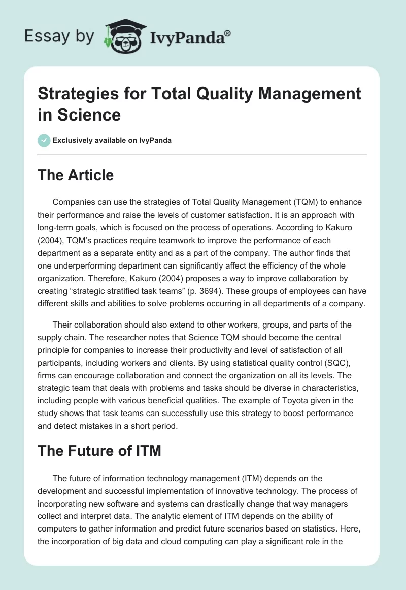 Strategies for Total Quality Management in Science. Page 1