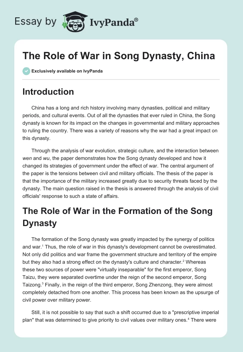 The Role of War in Song Dynasty, China. Page 1