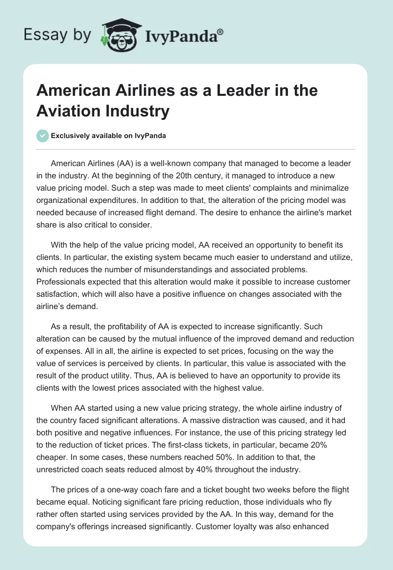 American Airlines as a Leader in the Aviation Industry. Page 1