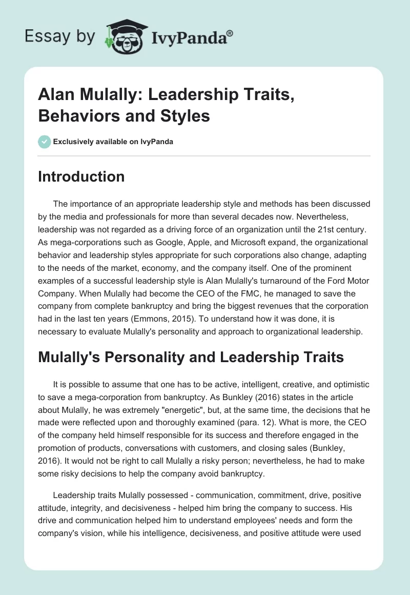 Alan Mulally: Leadership Traits, Behaviors and Styles. Page 1