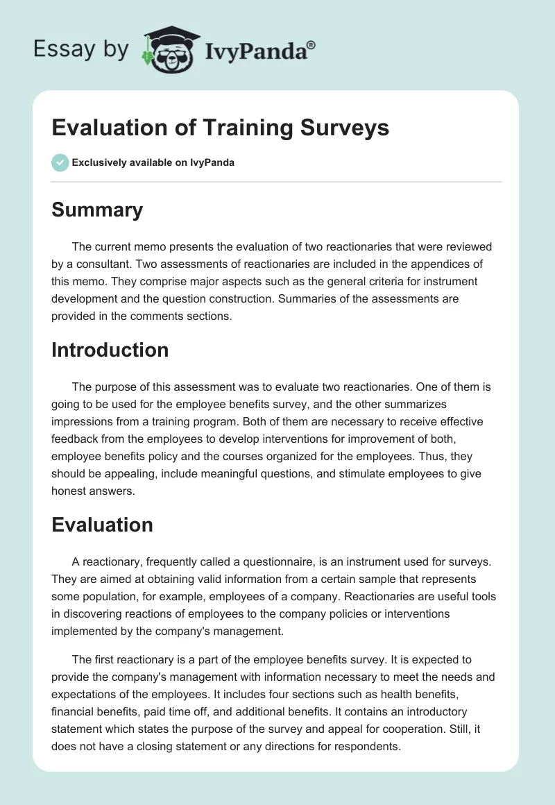 Evaluation of Training Surveys. Page 1