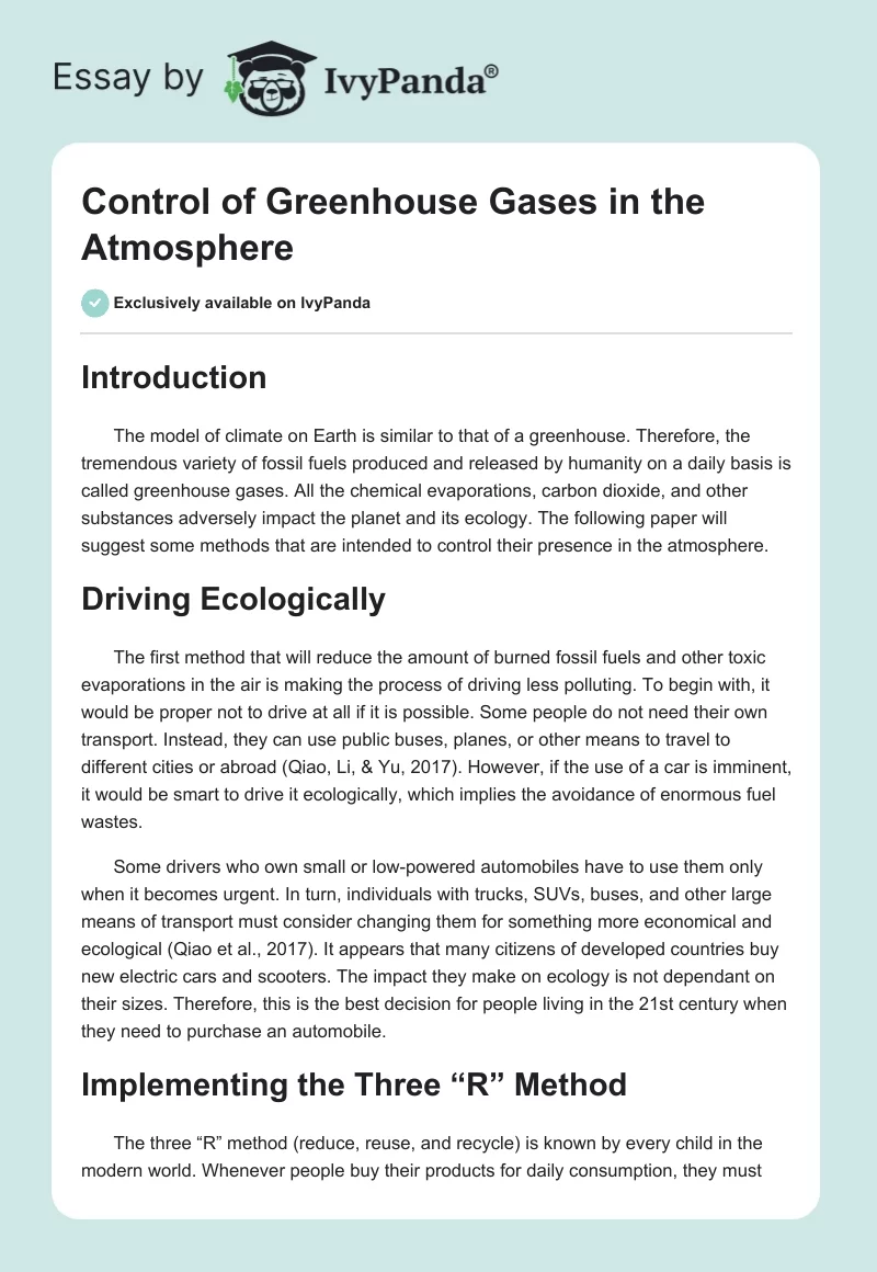 Control of Greenhouse Gases in the Atmosphere. Page 1