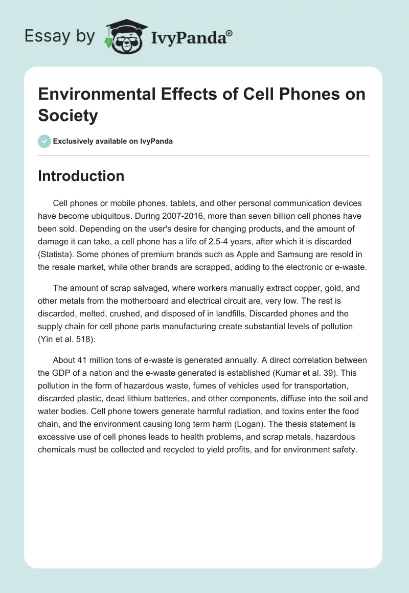 Environmental Effects of Cell Phones on Society. Page 1