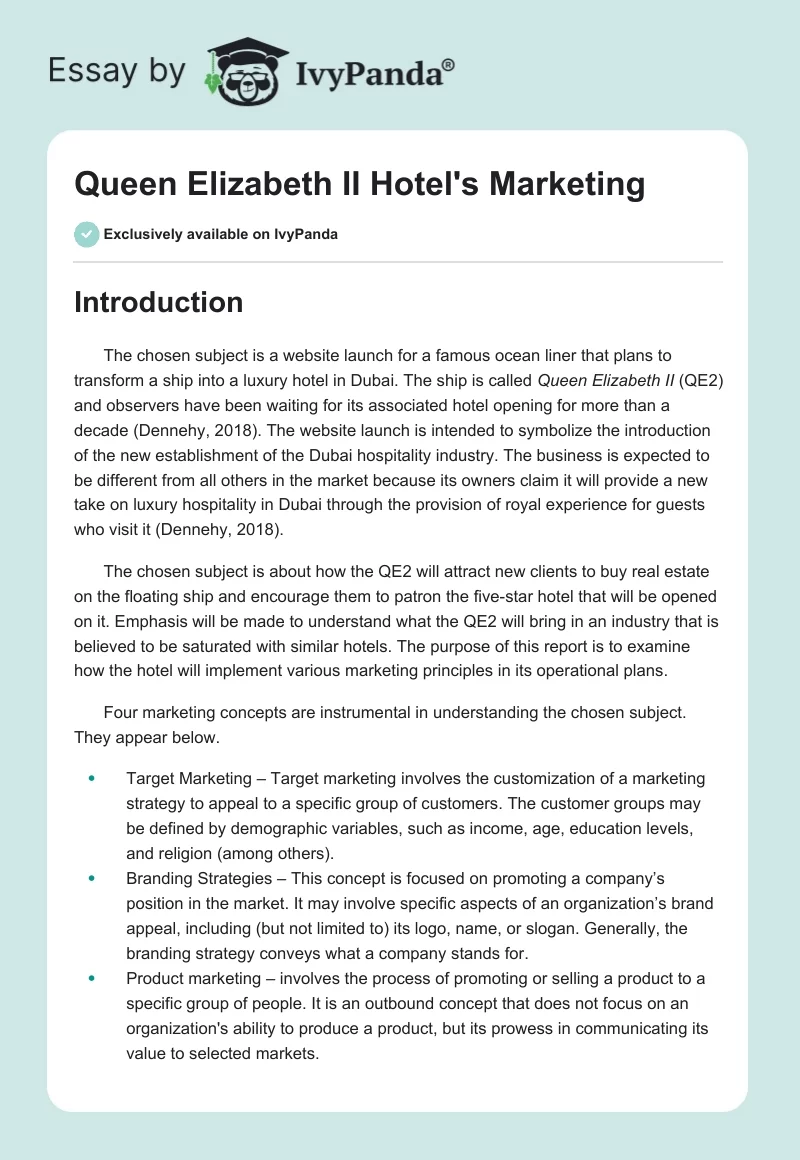 Queen Elizabeth II Hotel's Marketing. Page 1