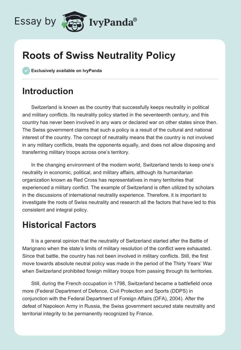 Roots of Swiss Neutrality Policy. Page 1