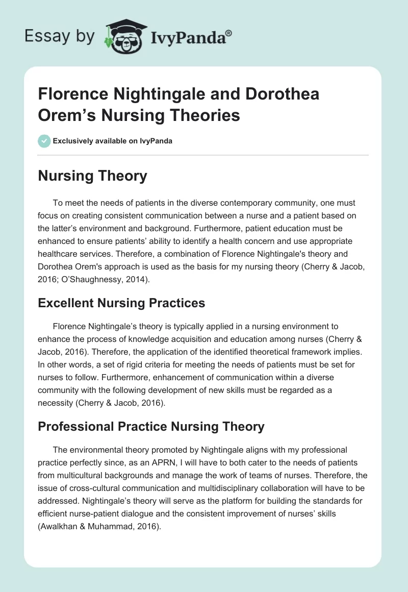 Florence Nightingale and Dorothea Orem’s Nursing Theories. Page 1
