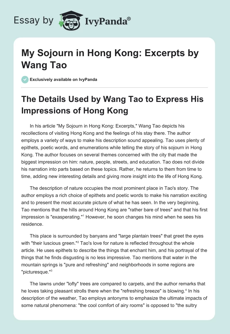 "My Sojourn in Hong Kong: Excerpts" by Wang Tao. Page 1