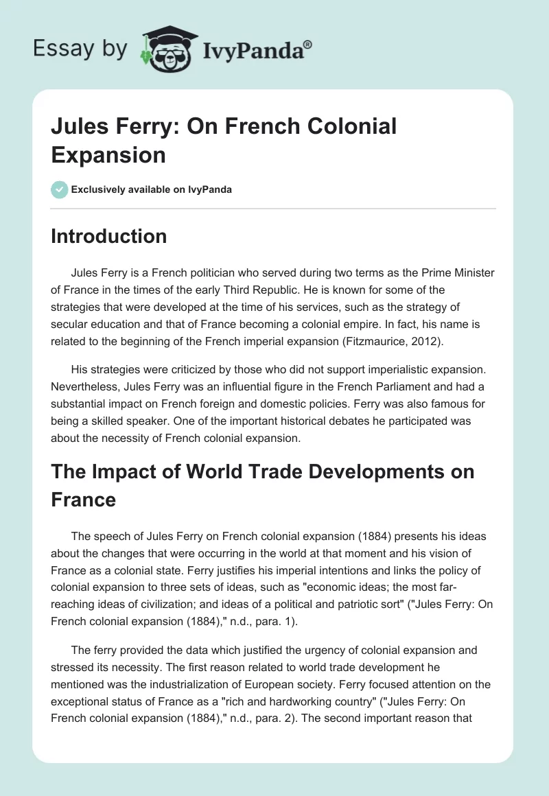 Jules Ferry: On French Colonial Expansion. Page 1