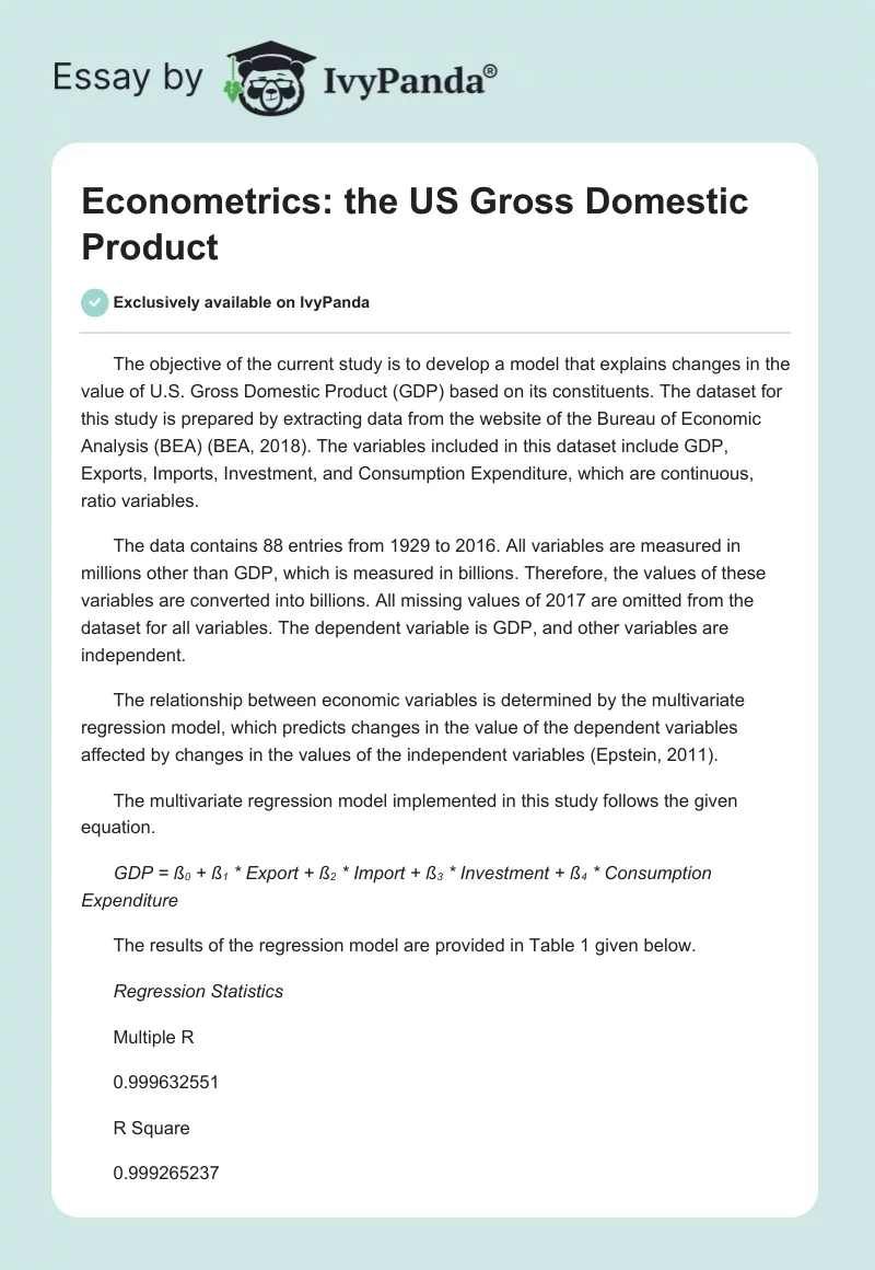 Econometrics: the US Gross Domestic Product. Page 1