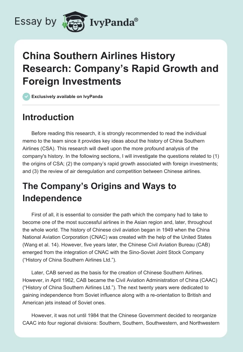 China Southern Airlines History Research: Company’s Rapid Growth and Foreign Investments. Page 1