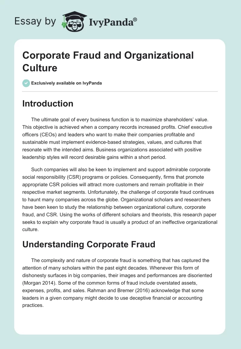 Corporate Fraud and Organizational Culture. Page 1