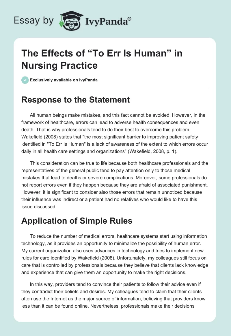 The Effects of “To Err Is Human” in Nursing Practice. Page 1