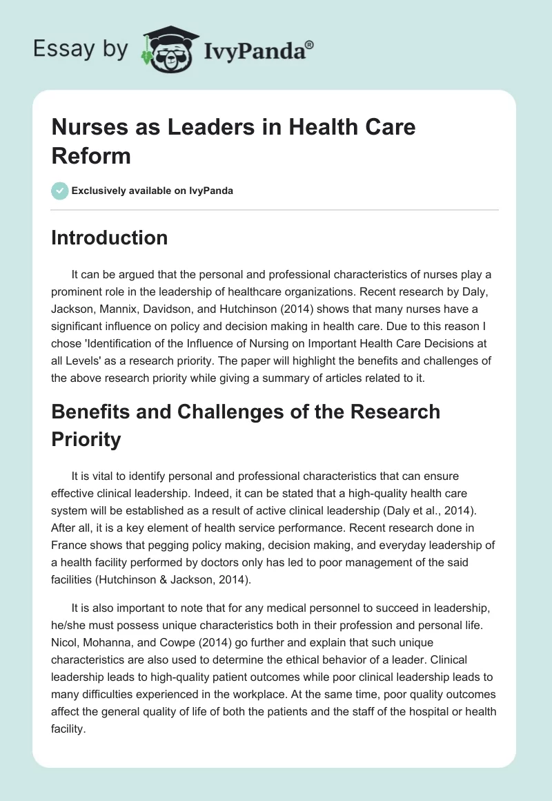 Nurses as Leaders in Health Care Reform. Page 1