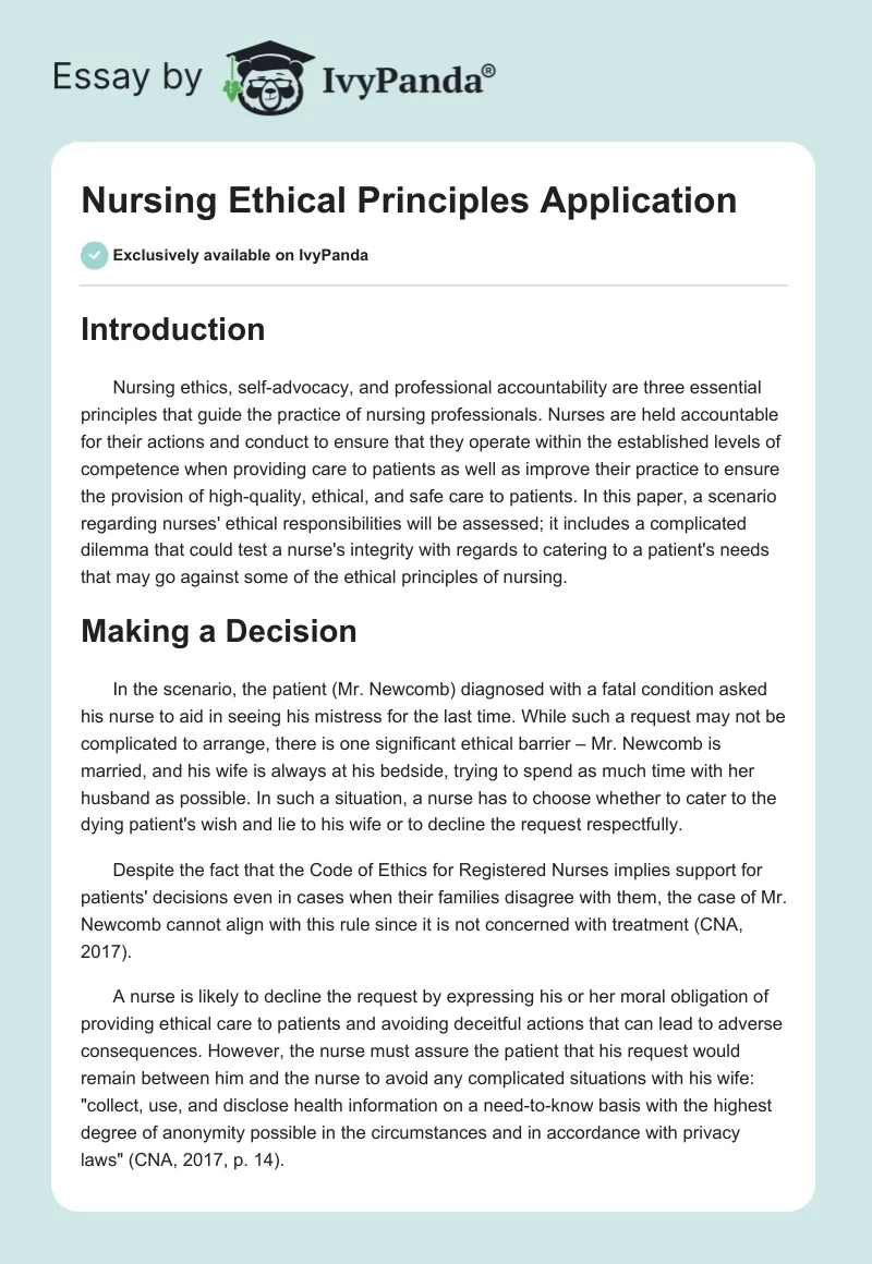 Nursing Ethical Principles Application. Page 1