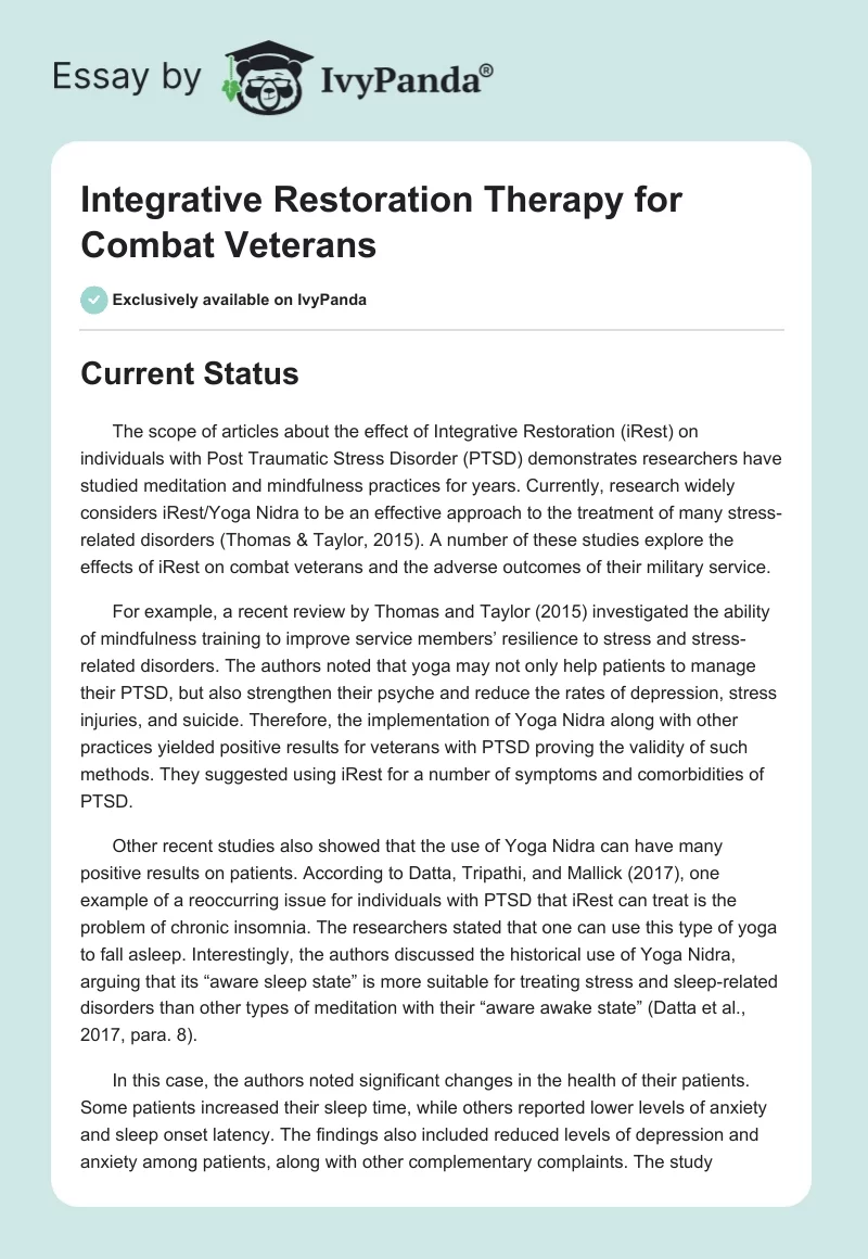 Integrative Restoration Therapy for Combat Veterans. Page 1