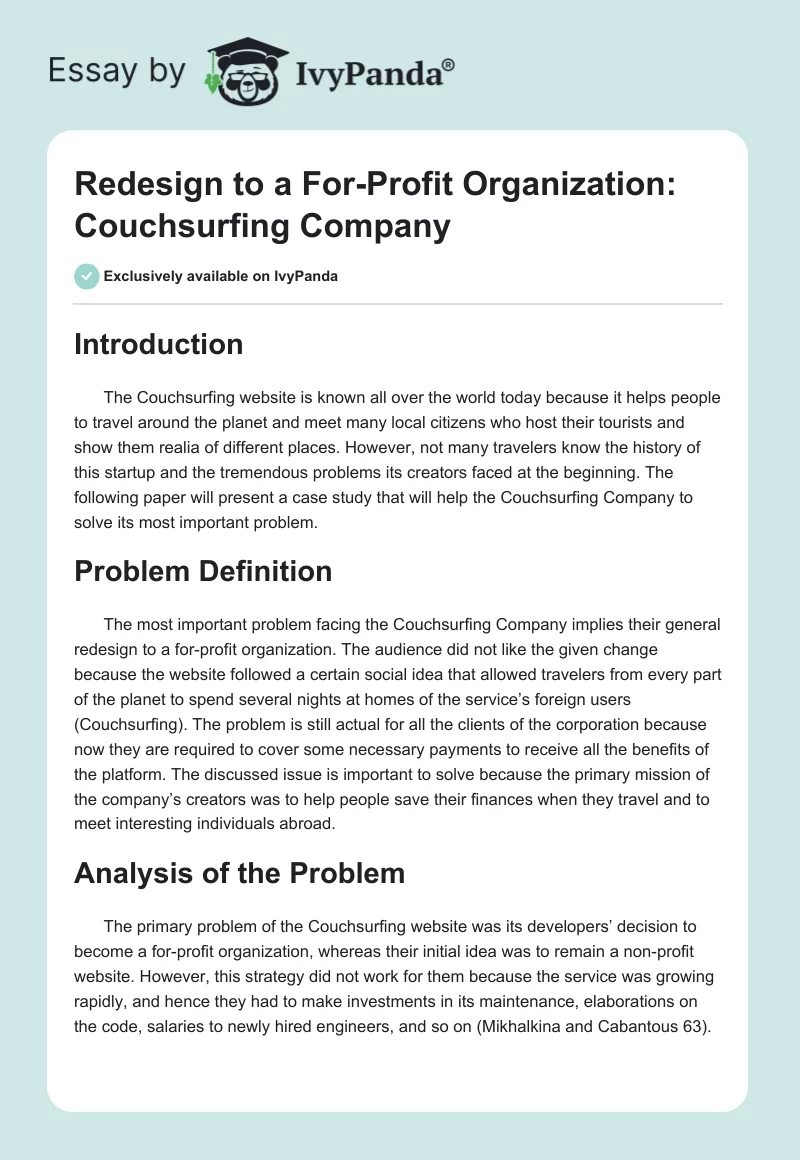Redesign to a For-Profit Organization: Couchsurfing Company. Page 1