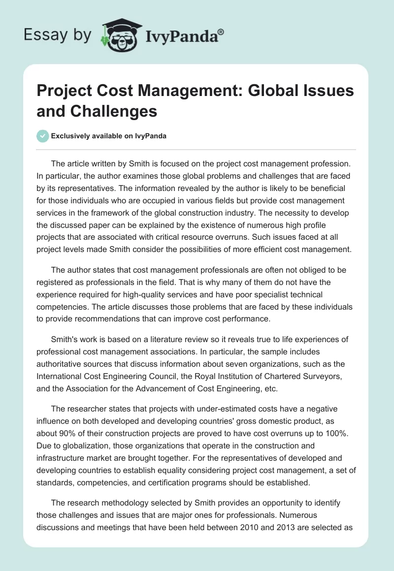 Project Cost Management: Global Issues and Challenges. Page 1