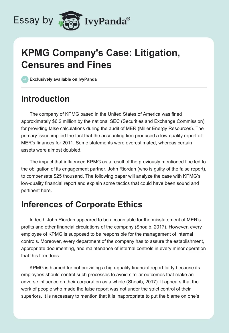 KPMG Company's Case: Litigation, Censures and Fines. Page 1