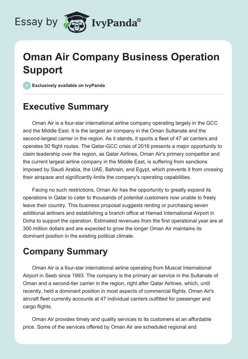 Oman Air Company Business Operation Support. Page 1