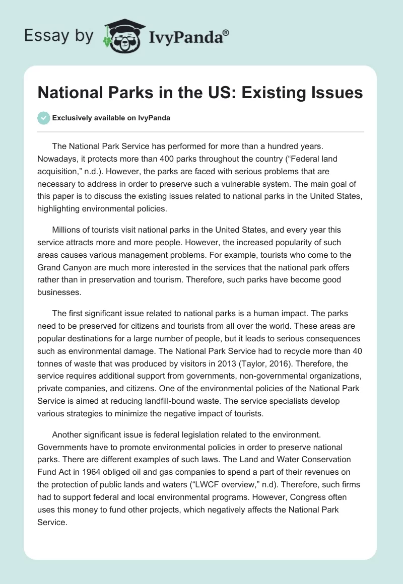 National Parks in the US: Existing Issues. Page 1