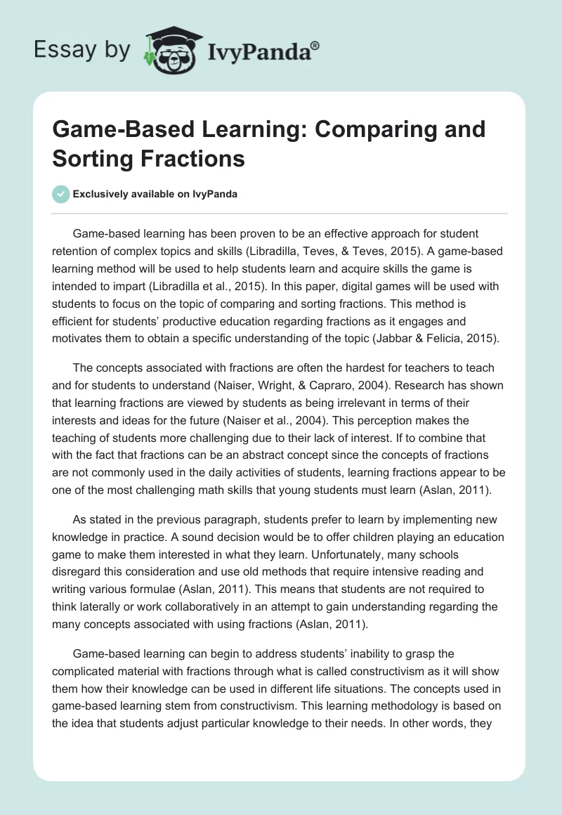 Game-Based Learning: Comparing and Sorting Fractions. Page 1