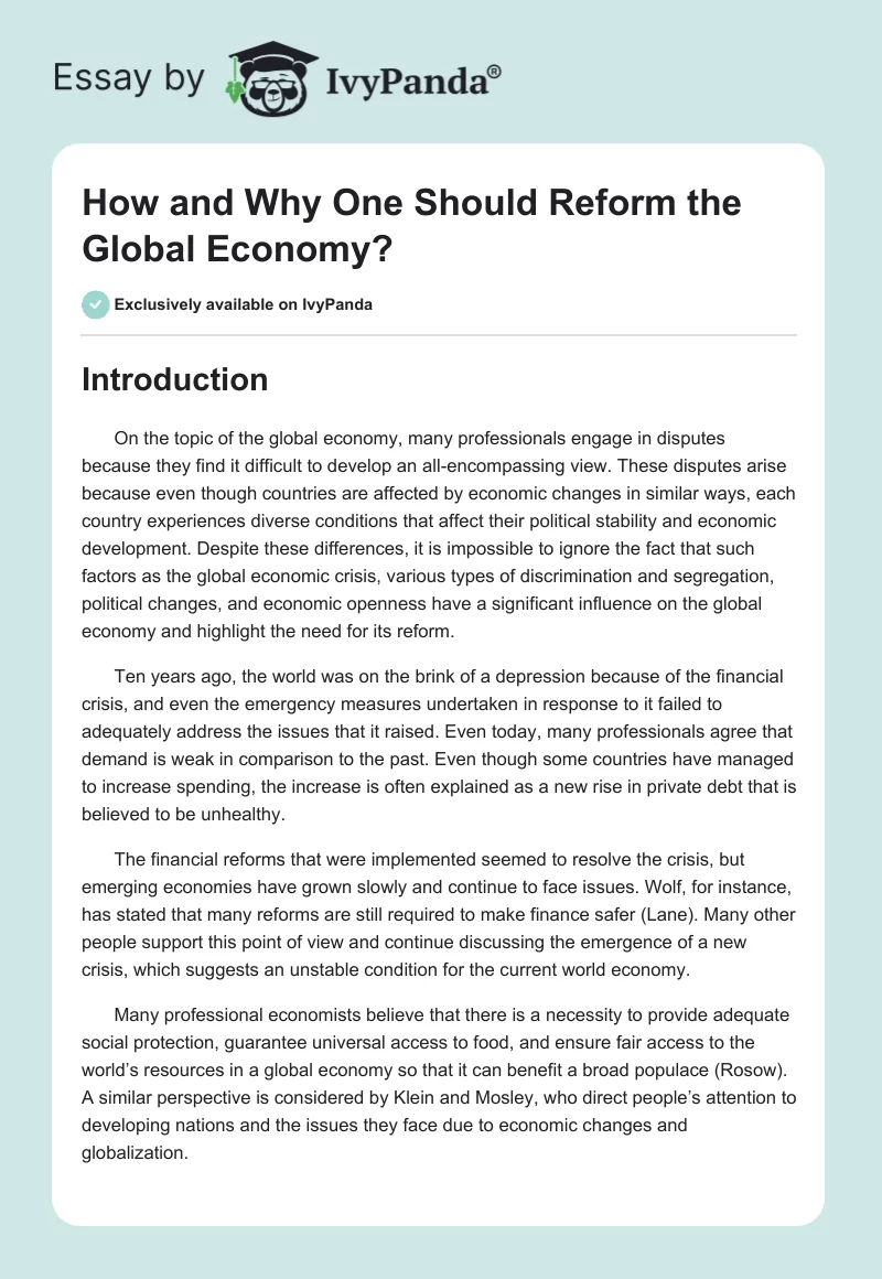 How and Why One Should Reform the Global Economy?. Page 1