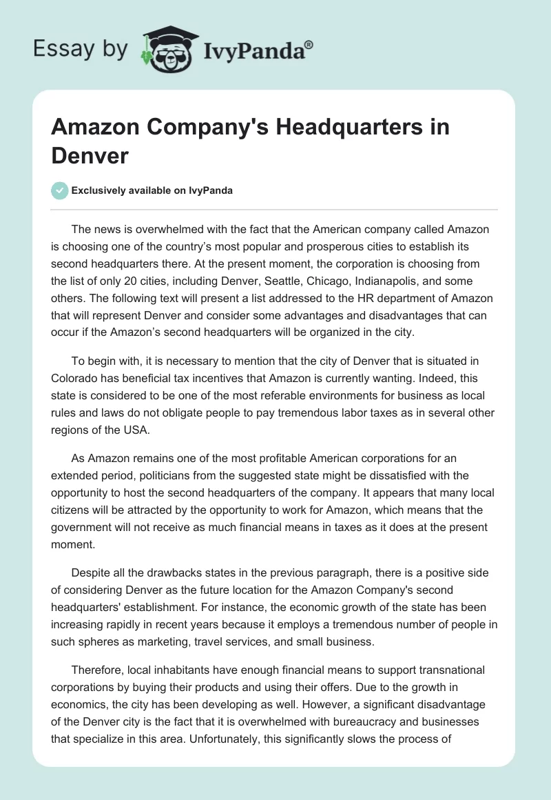 Amazon Company's Headquarters in Denver. Page 1