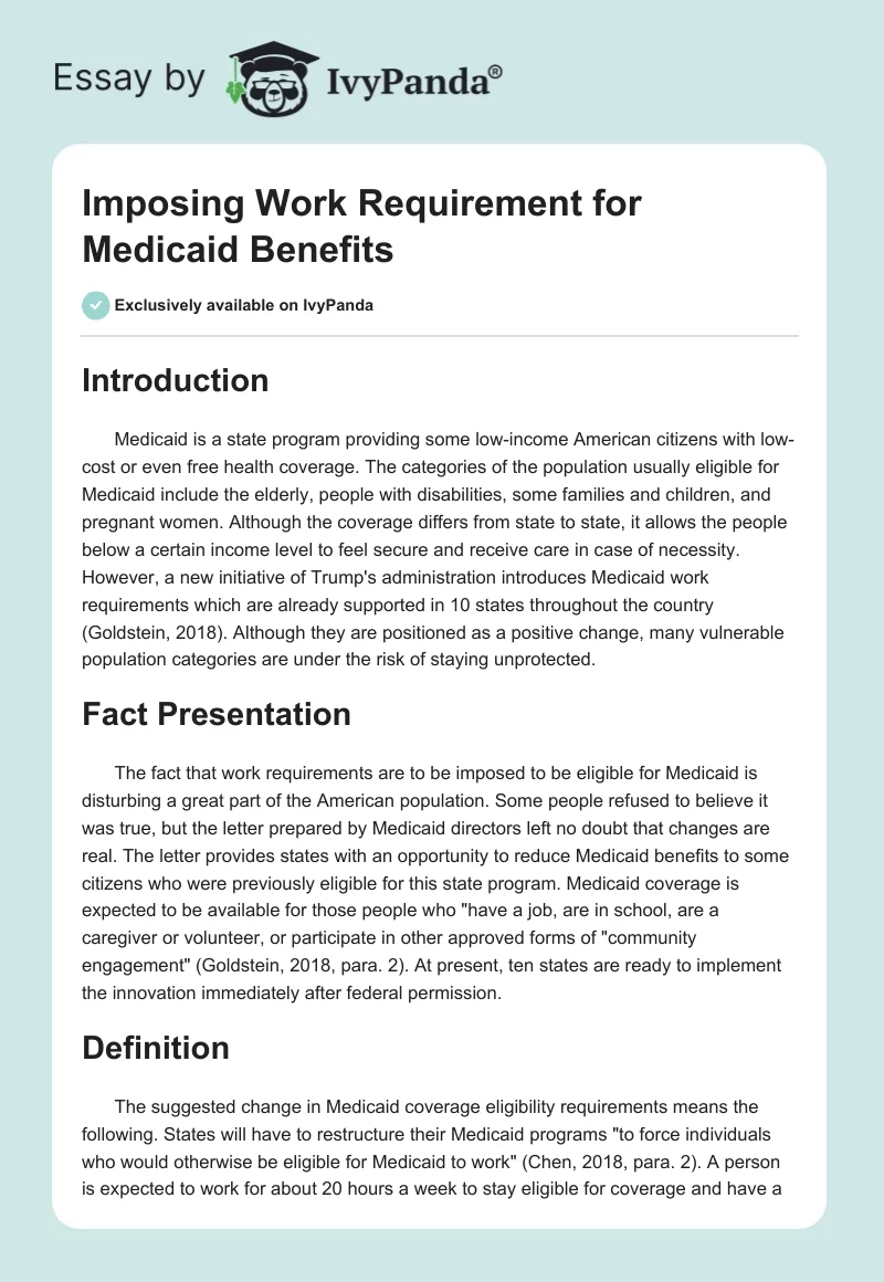 Imposing Work Requirement for Medicaid Benefits. Page 1