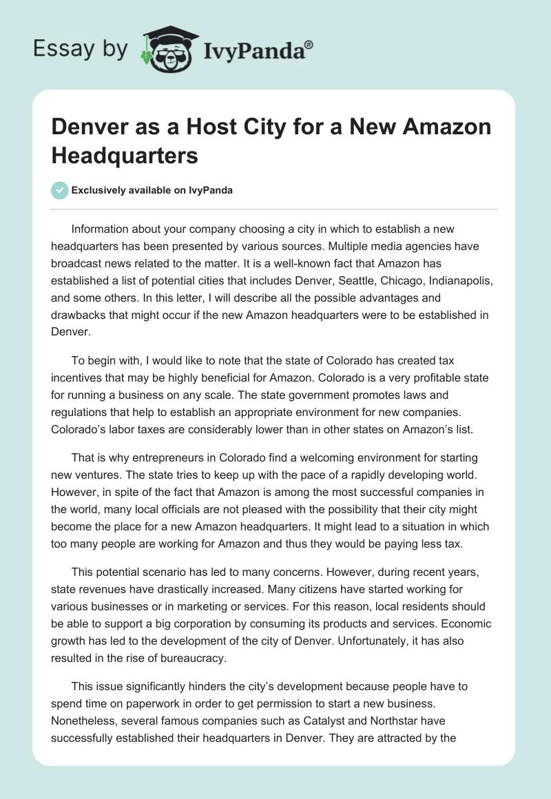 Denver as a Host City for a New Amazon Headquarters. Page 1