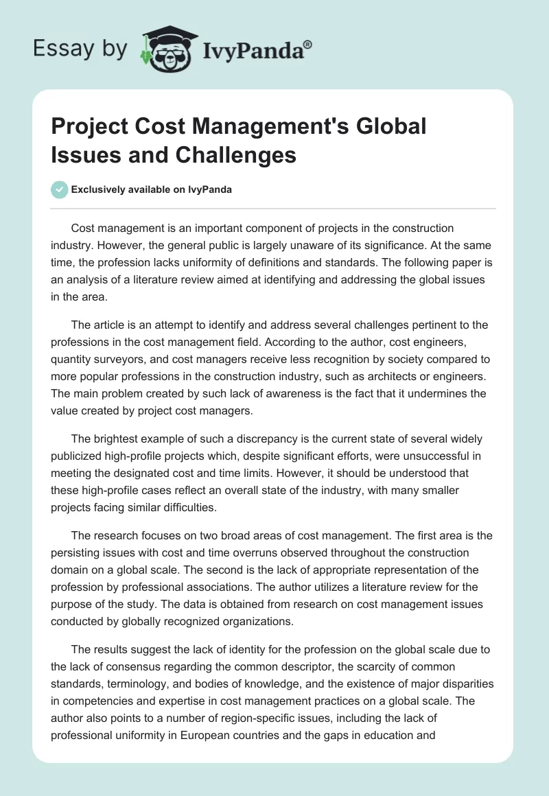 Project Cost Management's Global Issues and Challenges. Page 1