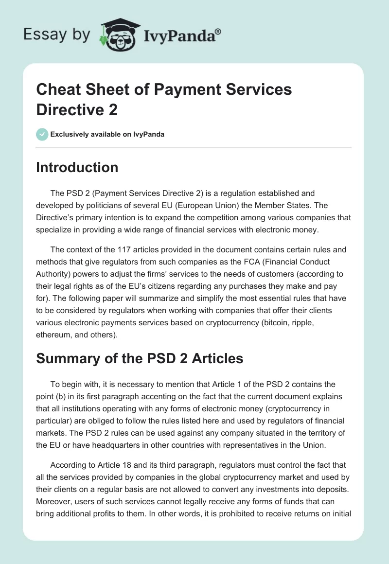 Cheat Sheet of Payment Services Directive 2. Page 1