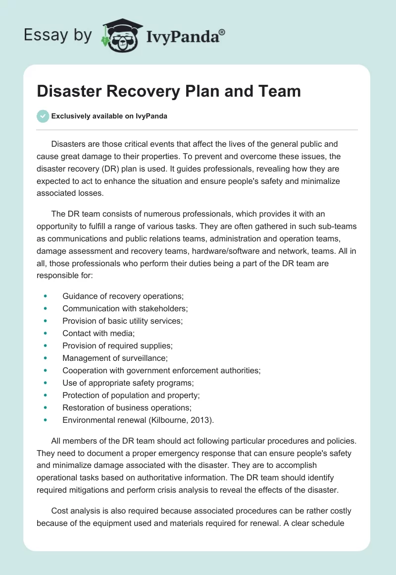 Disaster Recovery Plan and Team. Page 1