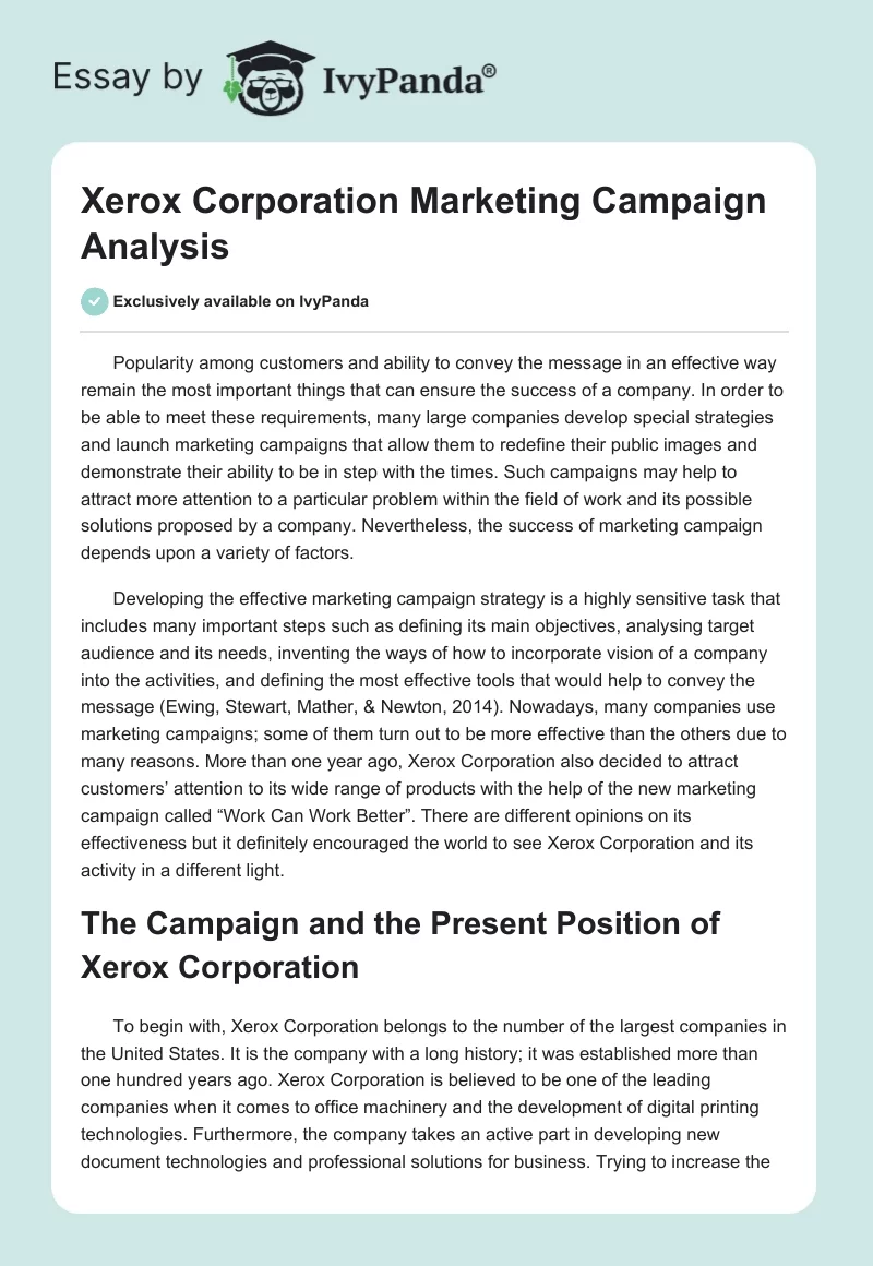 Xerox Corporation Marketing Campaign Analysis. Page 1