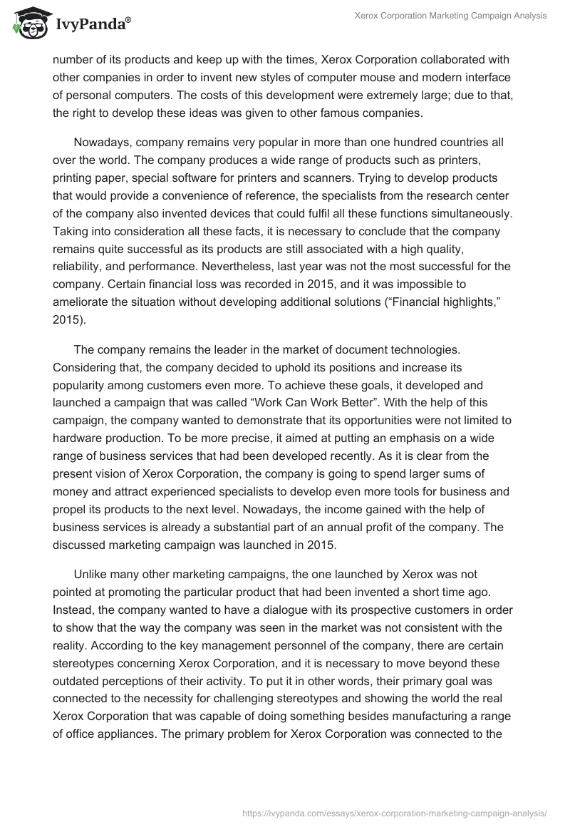Xerox Corporation Marketing Campaign Analysis. Page 2