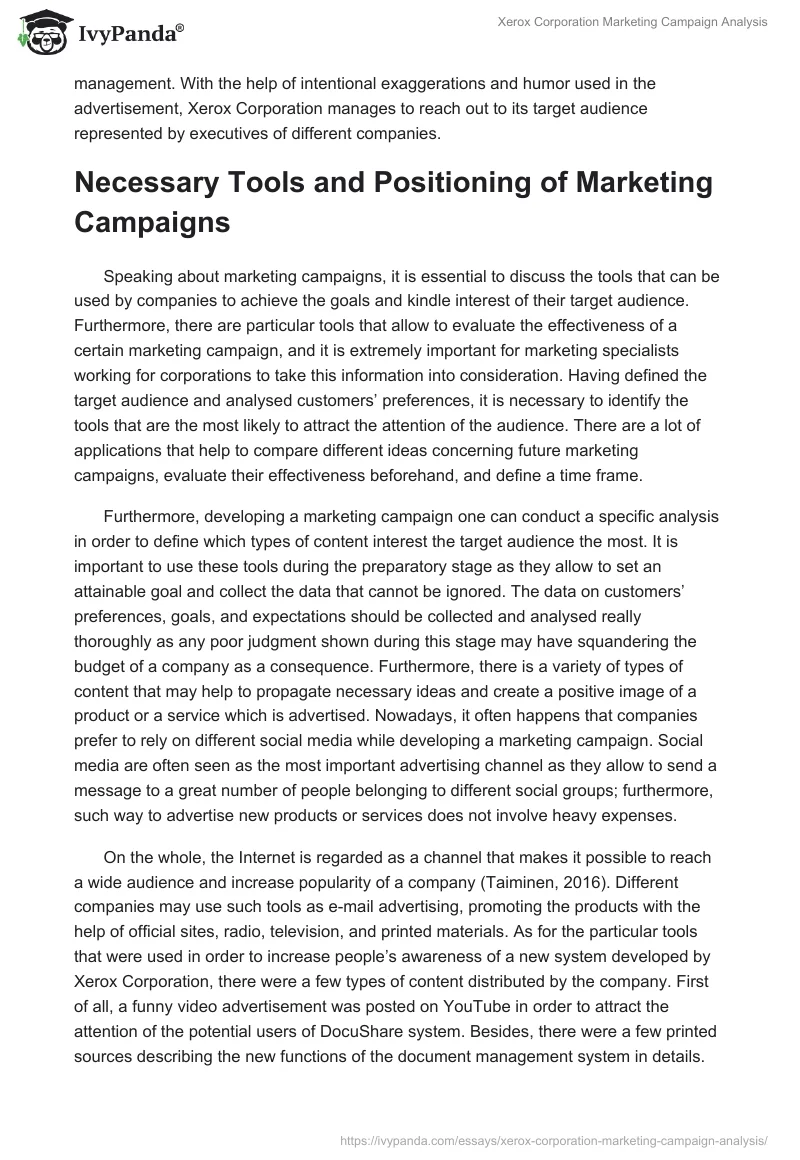 Xerox Corporation Marketing Campaign Analysis. Page 5