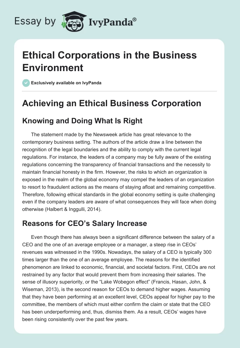 Ethical Corporations in the Business Environment. Page 1