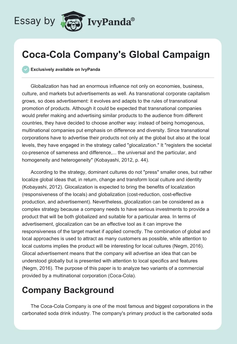 Coca-Cola Company's Global Campaign. Page 1