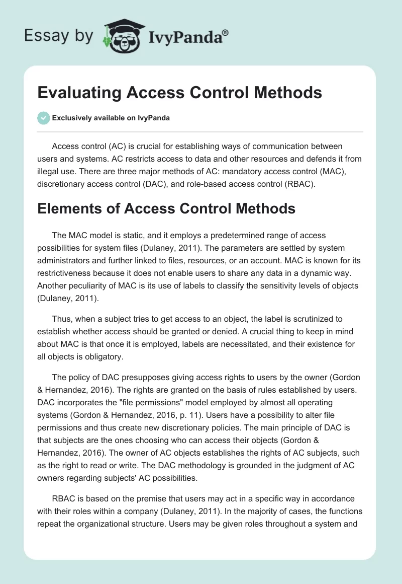 Evaluating Access Control Methods. Page 1
