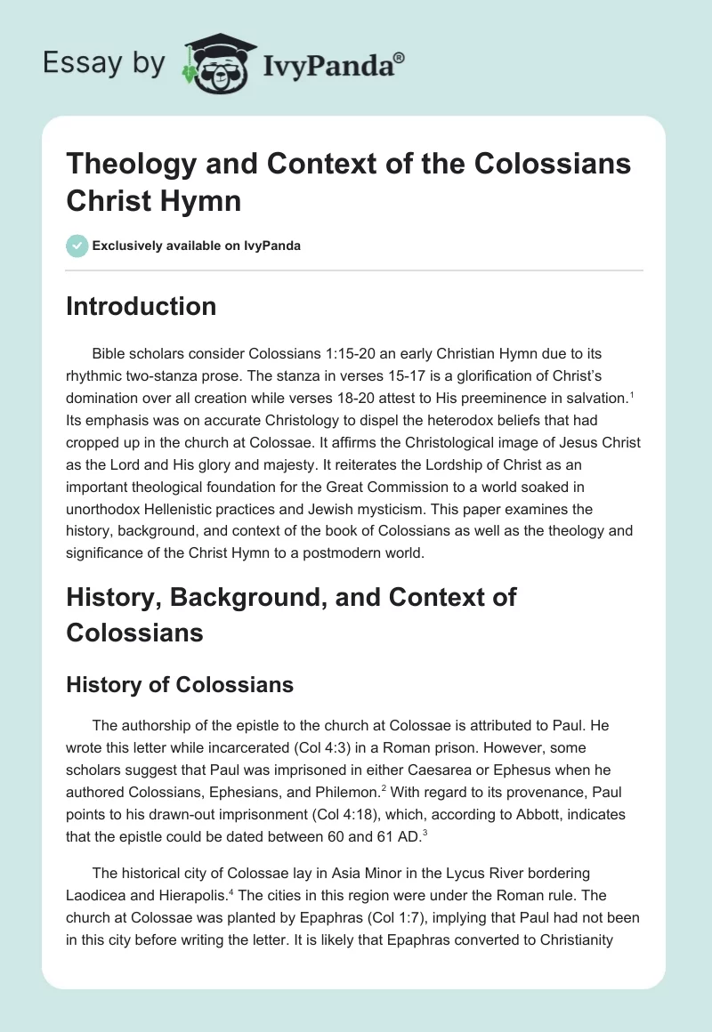 Theology and Context of the Colossians Christ Hymn. Page 1