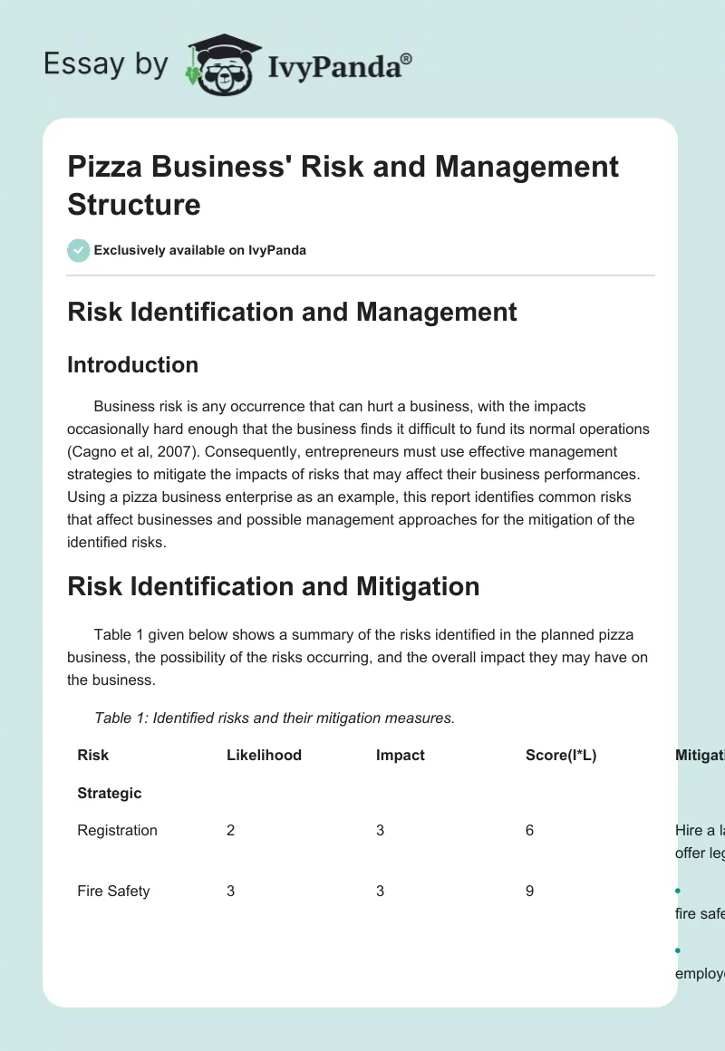 Pizza Business' Risk and Management Structure. Page 1