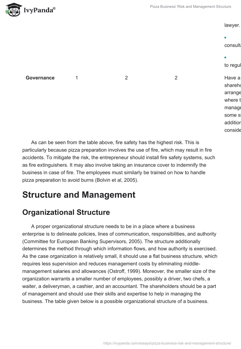 Pizza Business' Risk and Management Structure. Page 3