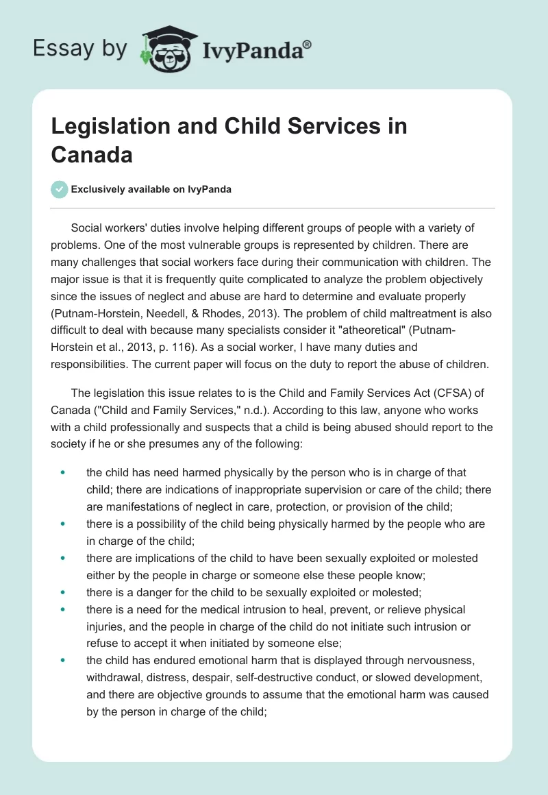 Legislation and Child Services in Canada. Page 1