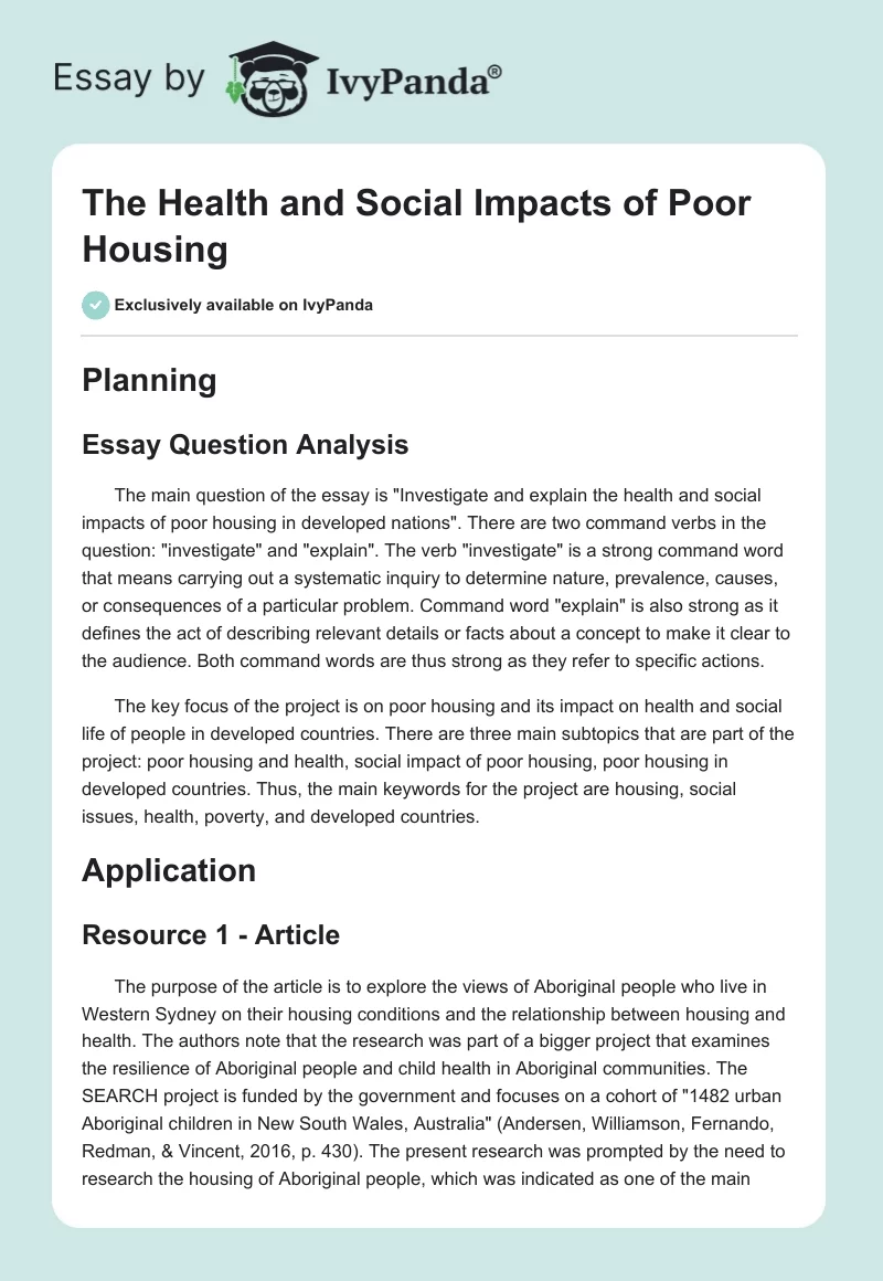 The Health and Social Impacts of Poor Housing. Page 1