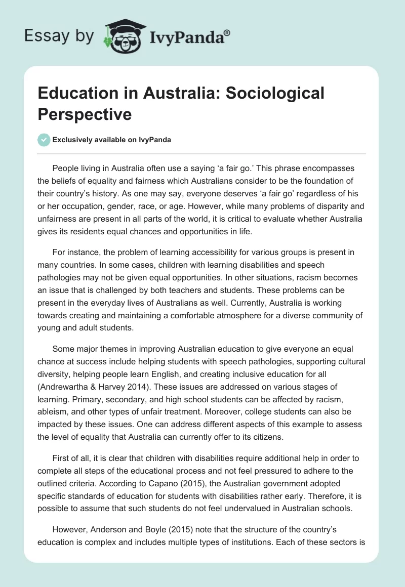 Education in Australia: Sociological Perspective. Page 1